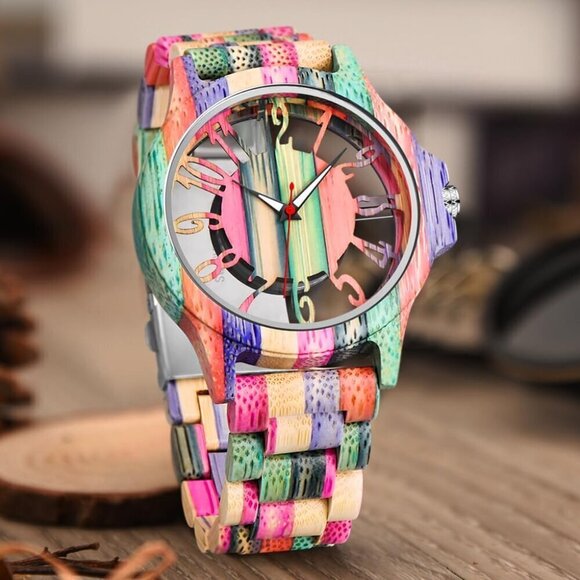 ✨ Dentily Analog Quartz Men Pink Wooden Handmade Colorful Bamboo Engraved Watch - Picture 2 of 6